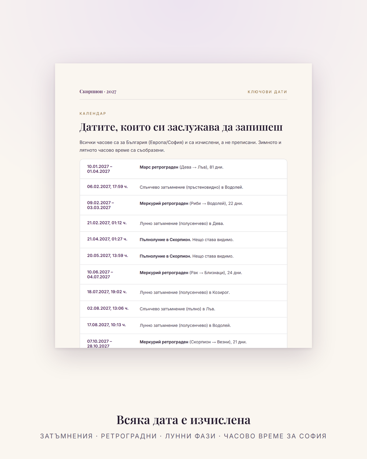 Ключови дати за Скорпион през 2027 – затъмнения, ретроградни и лунни фази с час за България