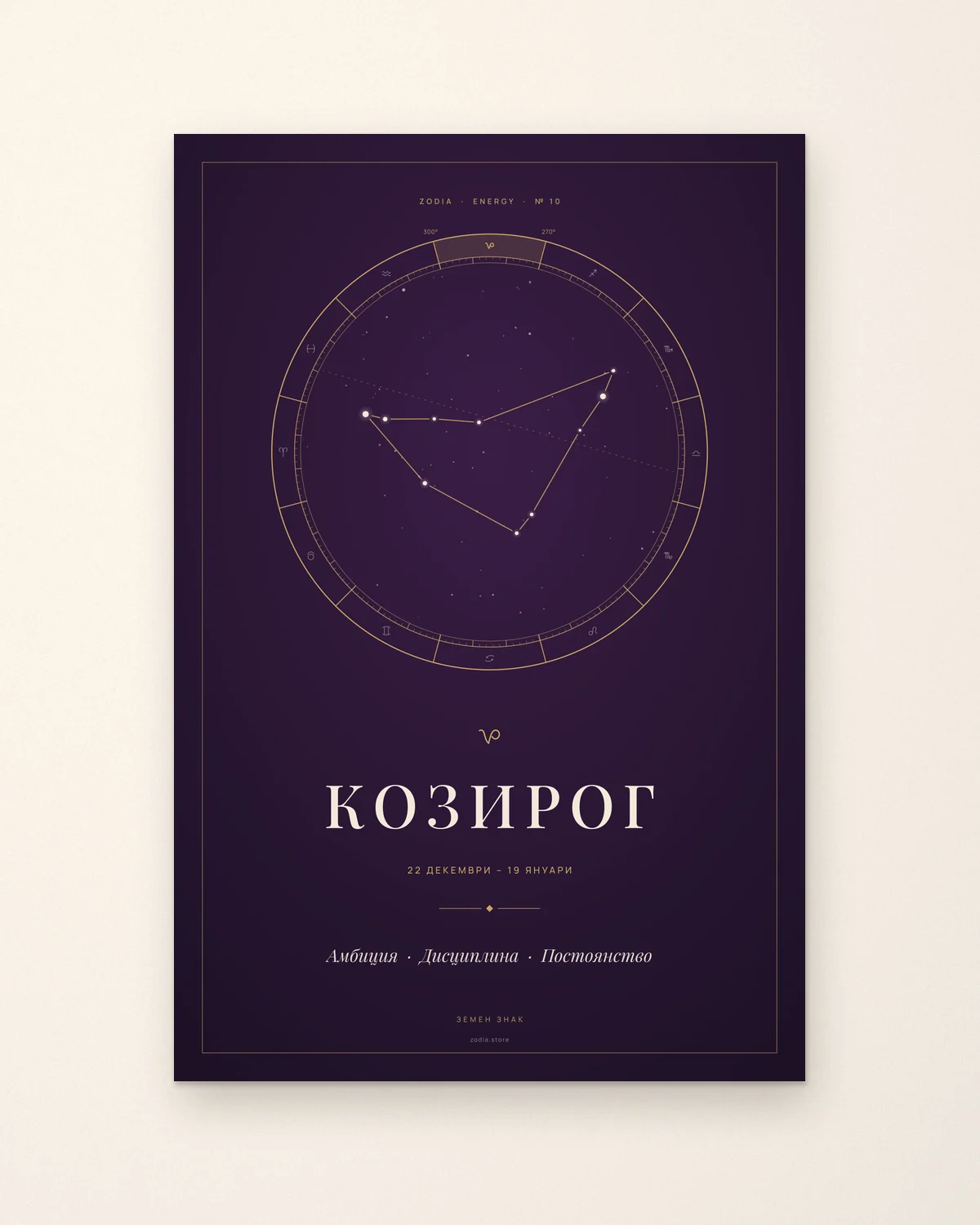 Постер „Козирог“ от серията ZODIA Energy – съзвездието Козирог в златен зодиакален кръг върху тъмнолилав фон