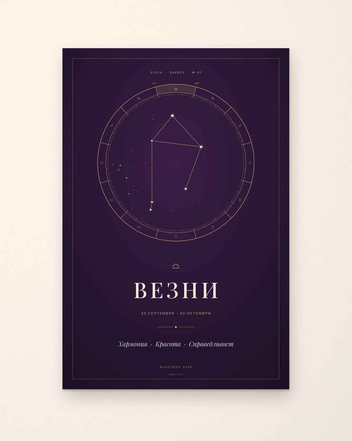 Постер „Везни“ от серията ZODIA Energy – съзвездието Везни в златен зодиакален кръг върху тъмнолилав фон