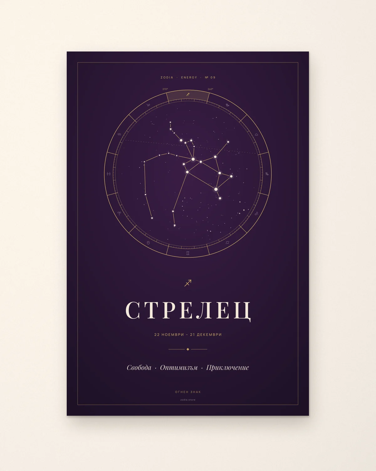 Постер „Стрелец“ от серията ZODIA Energy – съзвездието Стрелец в златен зодиакален кръг върху тъмнолилав фон